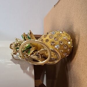 Pineapple Keychain Bag Charm Gold Tone Rhinestone Fruit Tropical Bling